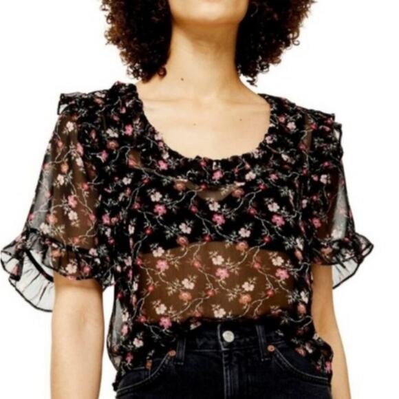 Topshop Black Floral Semi Sheer Blouse Size 4 - Picture 1 of 9